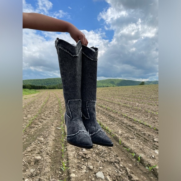 ZARA RHINESTONE DENIM COWBOY BOOTS - Picture 2 of 16